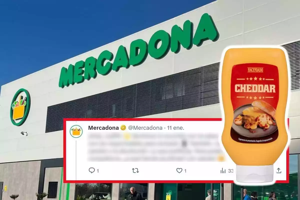 Montaje de fotos de la salsa cheddar de Hacendado con la captura de pantalla de un tweet con el contenido borroso y, de fondo, un plano general de una tienda Mercadona