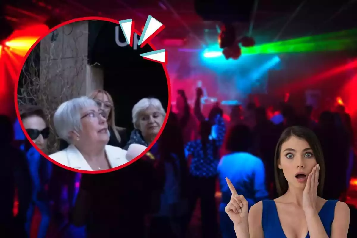 Montaje de fotos de una señora mayor, y de fondo, una imagen de una discoteca llena de gente con una chica con rostro de sorpresa