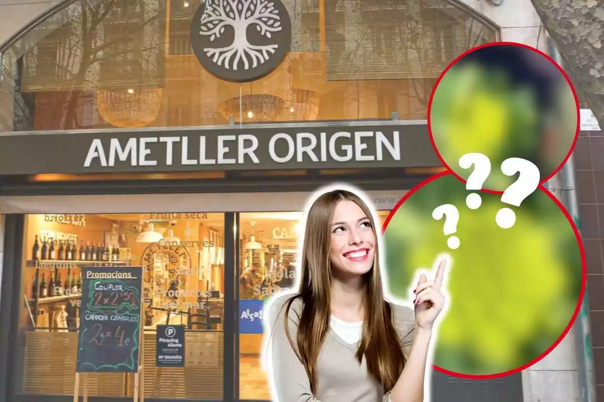 Montaje de fotos de una tienda Ametller Origen y, al lado, dos imágenes de romanescu difuminadas y una mujer con rostro sonriente señalándolas