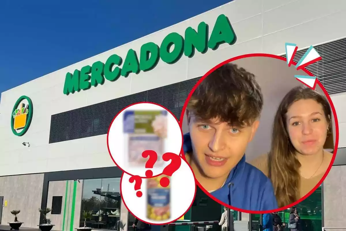 Montaje de fotos de una tienda Mercadona, dos productos del supermercado con un efecto de blur, y el tiktoker @manu.guez con una amiga hablando de los productos del Mercadona que se llevará en su erasmus a Italia