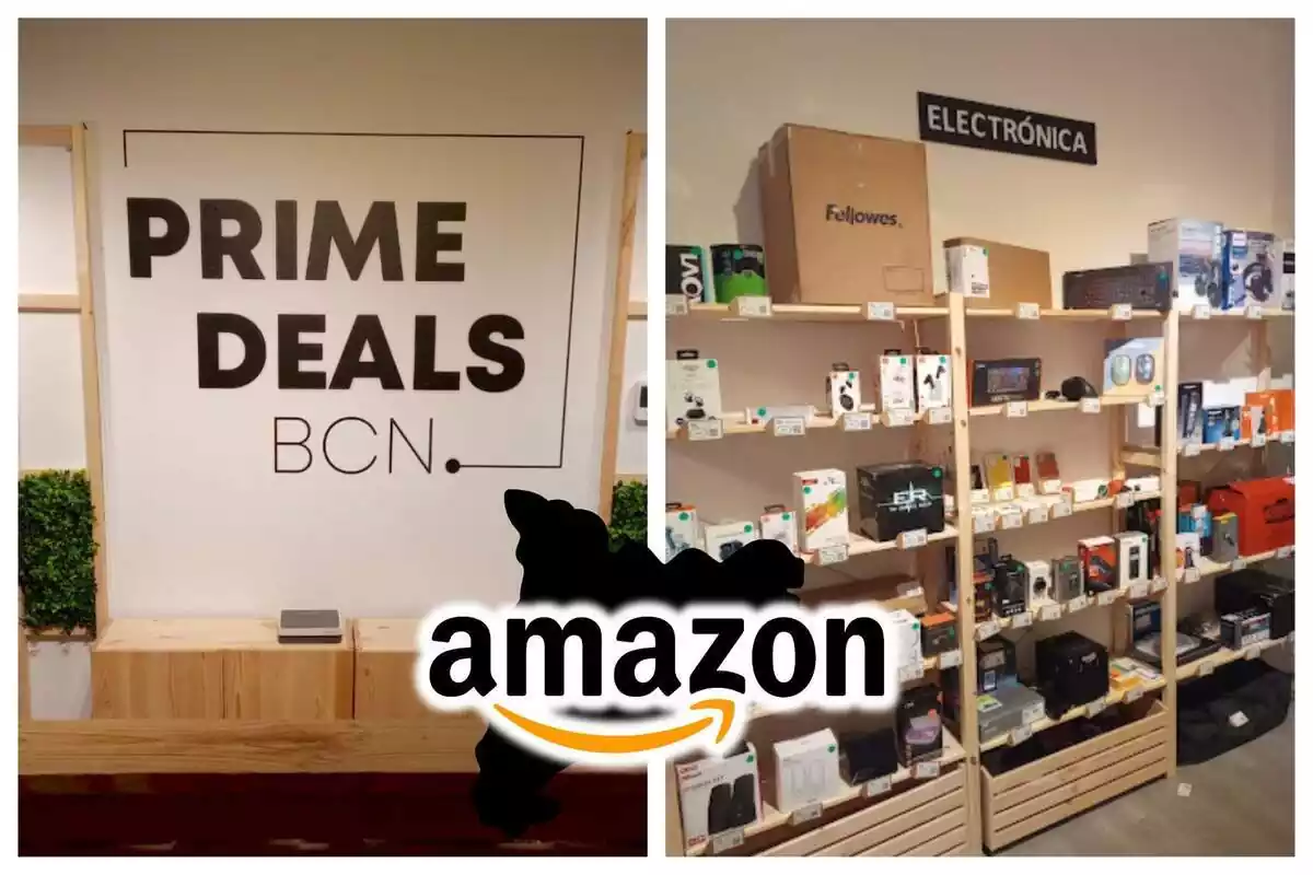 Montaje de fotos del interior de la tienda Prime Deals de Barcelona y el logo de Amazon enfrente