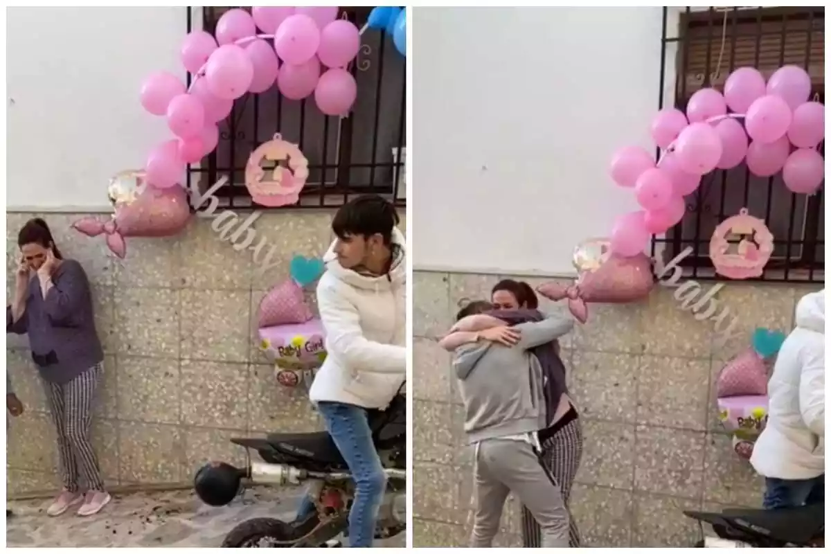 Montaje de fotos de una pareja abrazándose tras la revelación del género del bebé que esperan