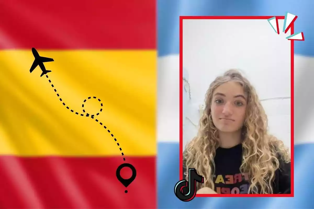 Montaje de fotos de una tiktoker argentina con la bandera de su país de fondo y, al lado, la bandera de España con un emoji de un avión
