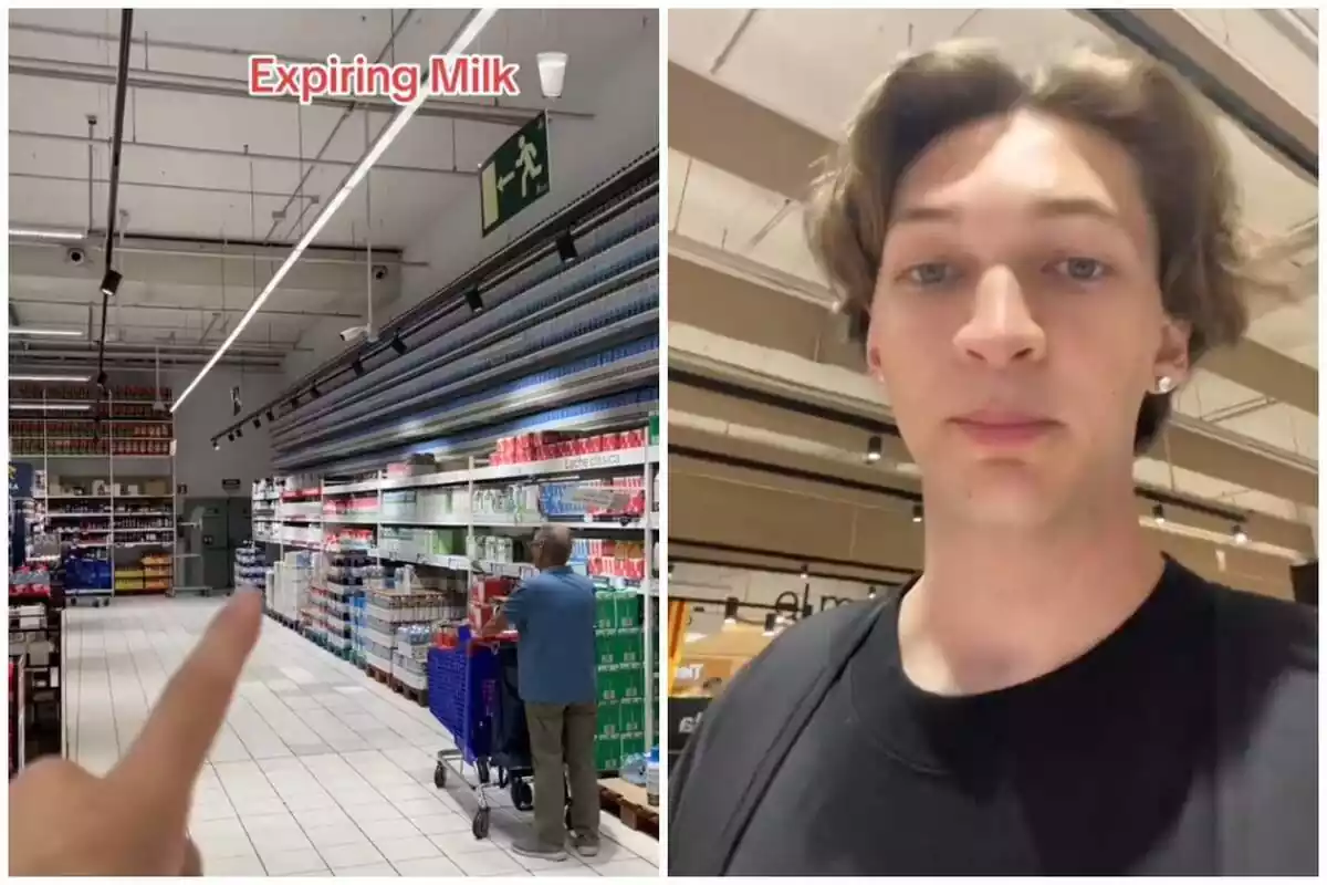 Montaje de dos fotos de un TikTok de @DameDamian donde enseña cómo es un supermercado español