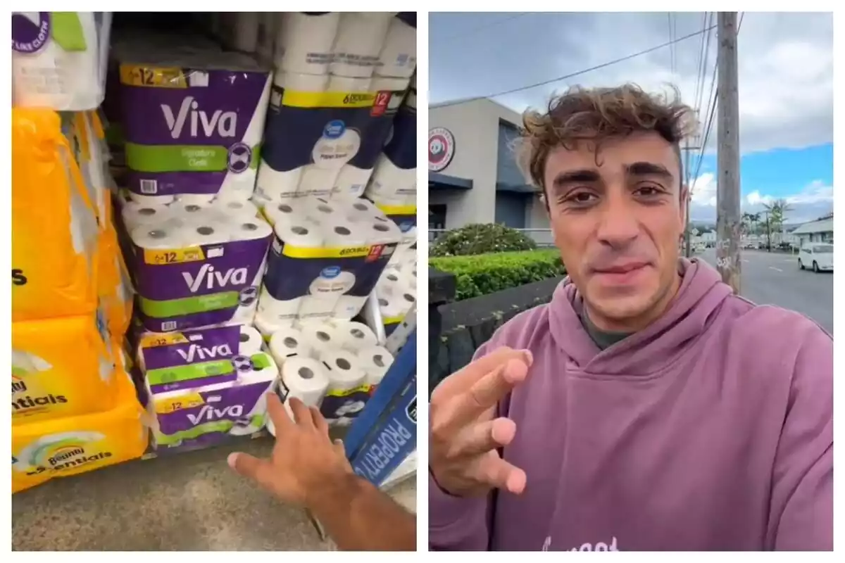 Montaje de fotos del tiktoker @_mikelgarcia con rostro neutro y, al lado, él señalando el papel de wc en un supermercado de Hawaii