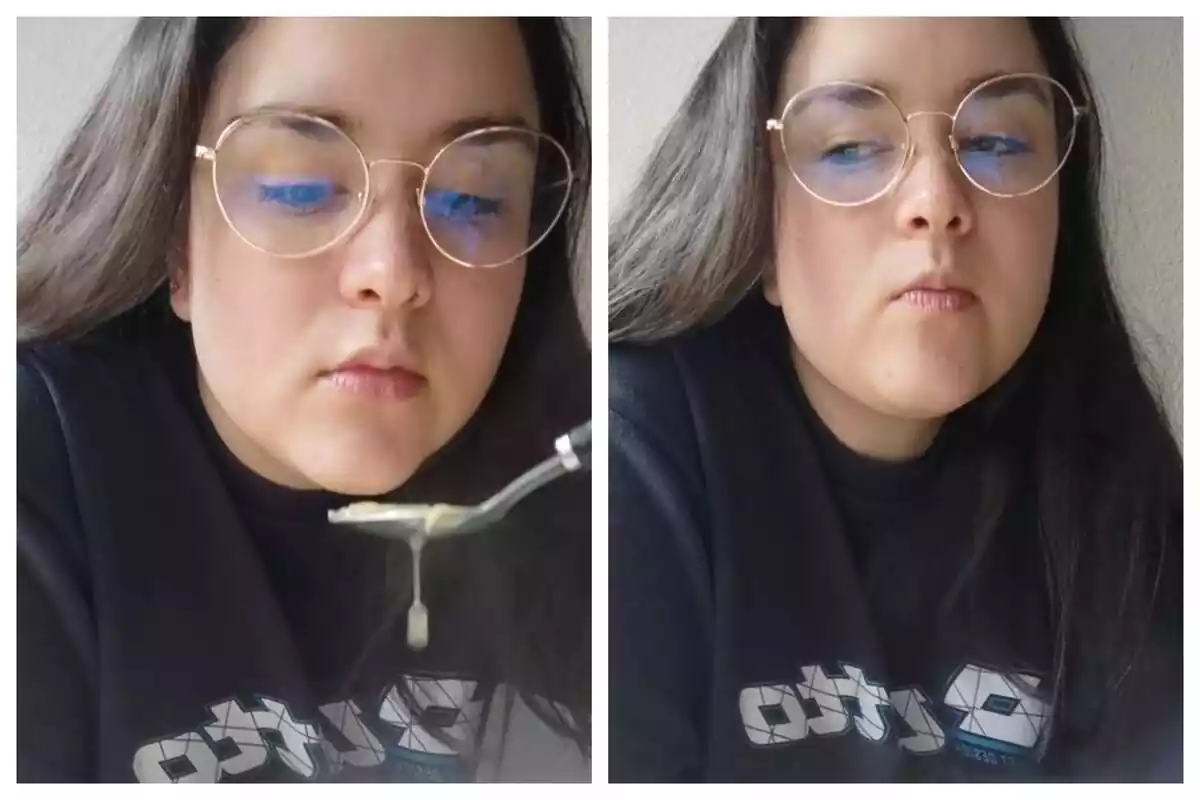 Montaje de dos fotos de un TikTok de @_nayrivero_ donde aparece haciendo el reto de comer por un euro al día