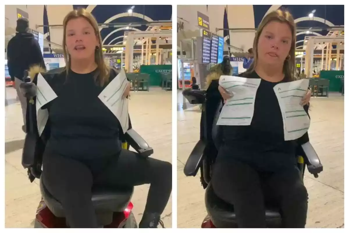 Montaje de dos fotos de medio plano de la tiktoker @rociobp_ donde enseña una queja interpuesta a Ryanair mientras está sentada en una silla de ruedas
