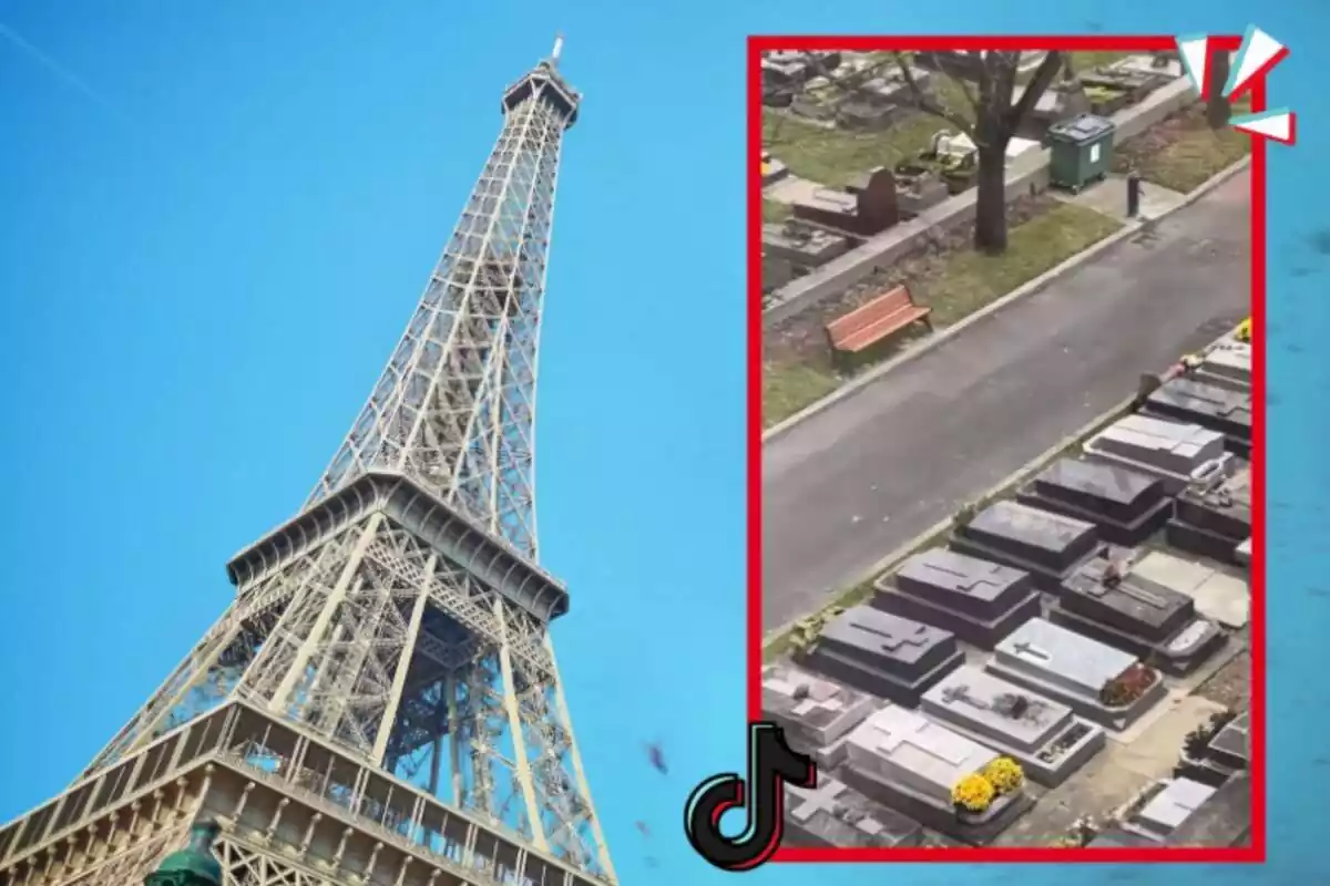 Montaje de fotos de la Torre Eiffel de París y, al lado, la captura de pantalla de un TikTok de unas viajeras que muestran sus vistas desde un hotel de la mencionada ciudad donde aparecen varias tumbas