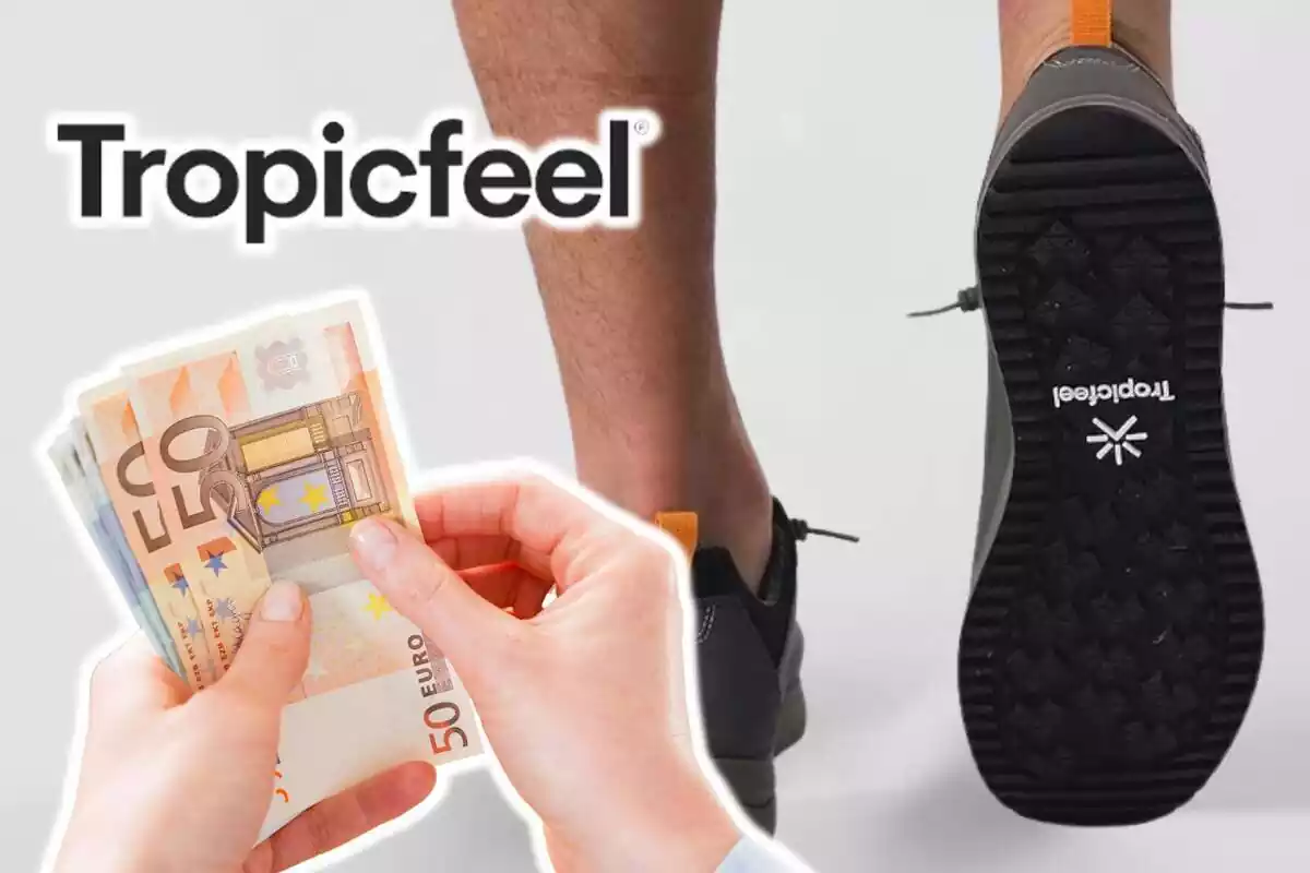 Montaje de fotos de unas zapatillas de la marca Tropicfeel con el logo de la empresa y, al lado, una mano sujetando billetes