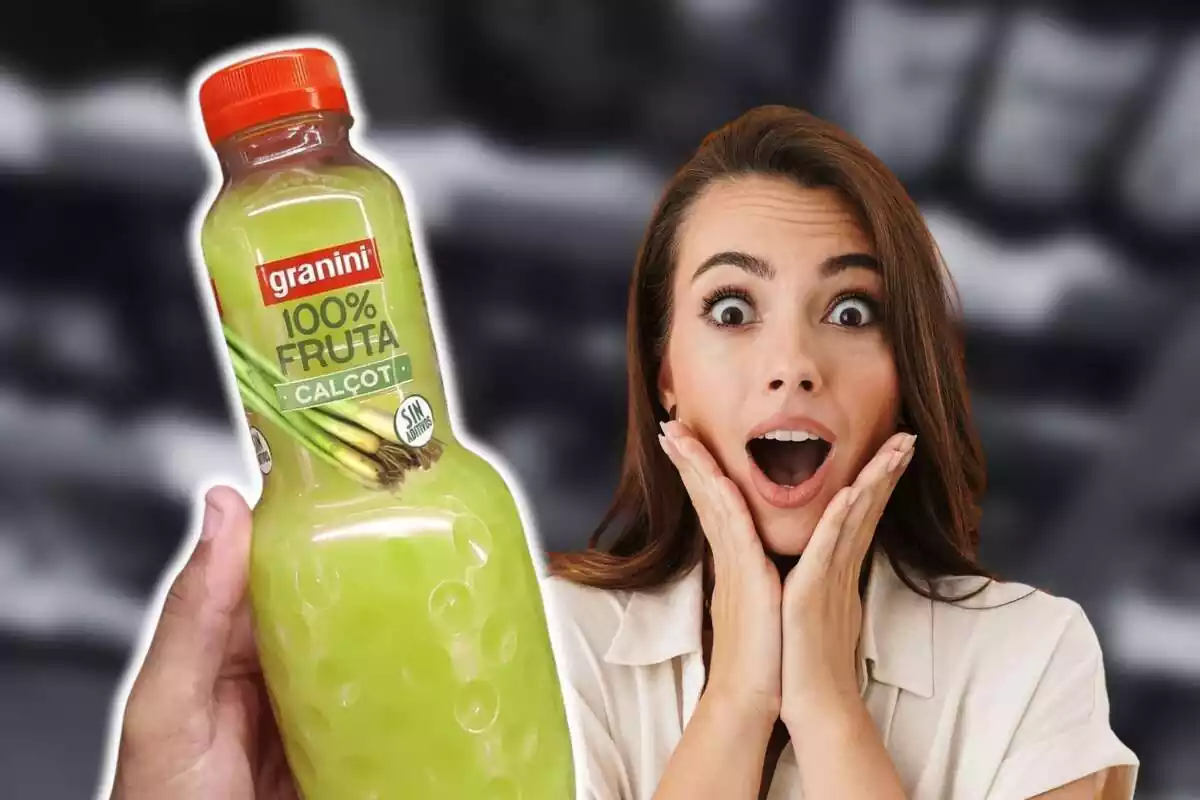 Montaje de fotos de un zumo de Granini sabor calçot que es falso y, al lado, la imagen de una mujer con rostro de sorpresa