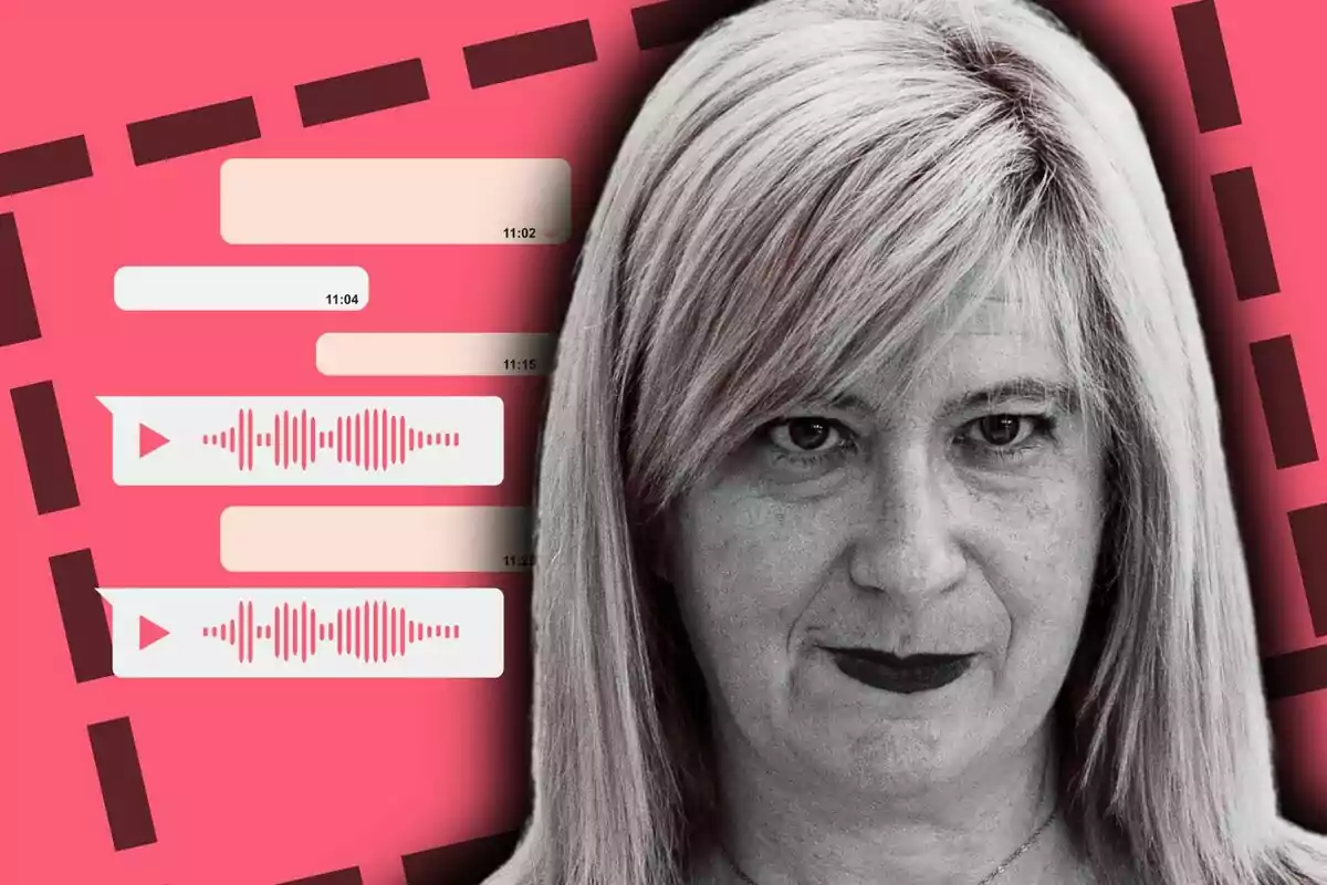 Leire Díez en primer plano con fondo de mensajes y notas de voz sobre un diseño en tonos rosados.