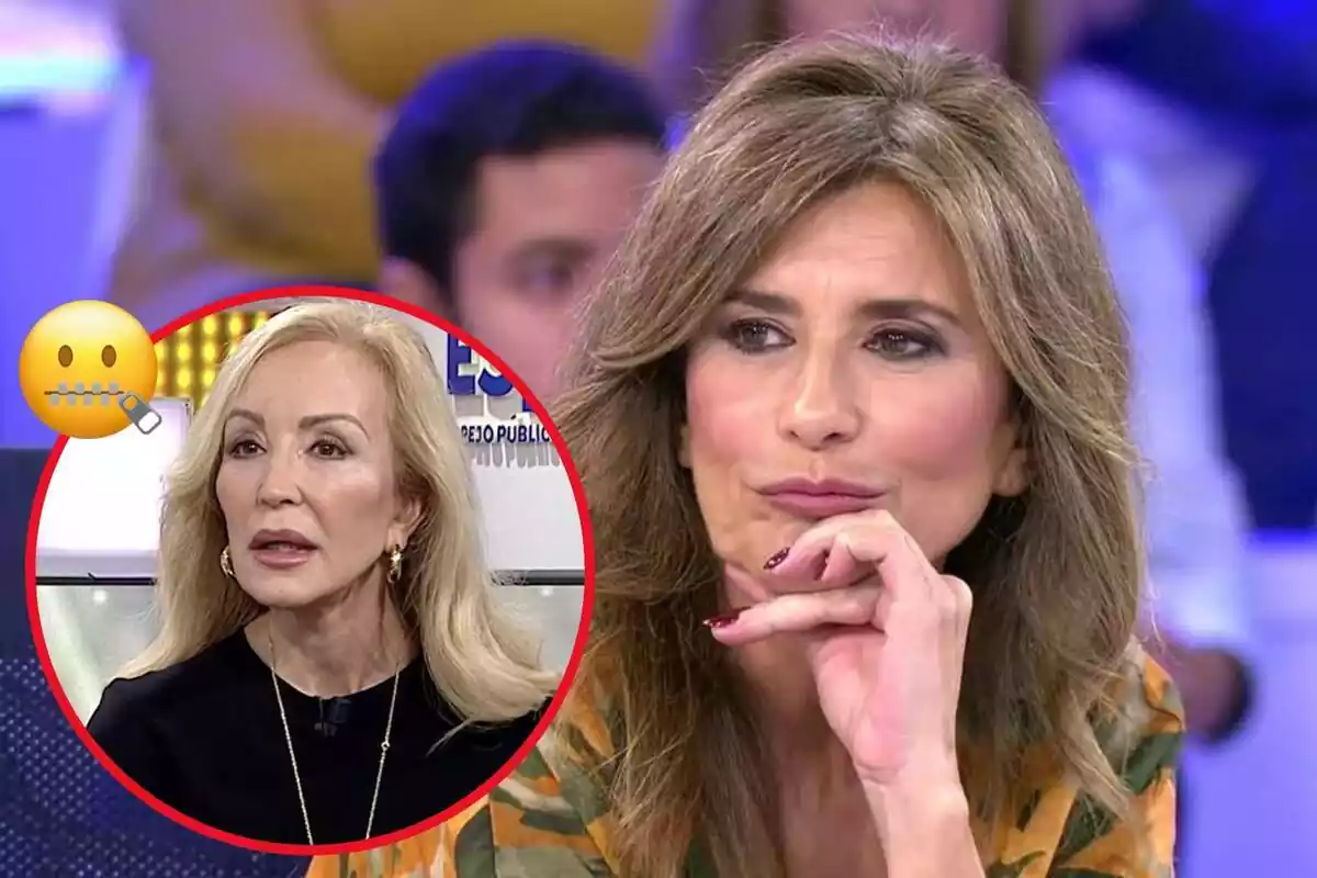 Montaje de Gema López cuando estaba en Telecinco con una foto redonda de Carmen Lomana y el icono de un muñeco con la boca cerrada