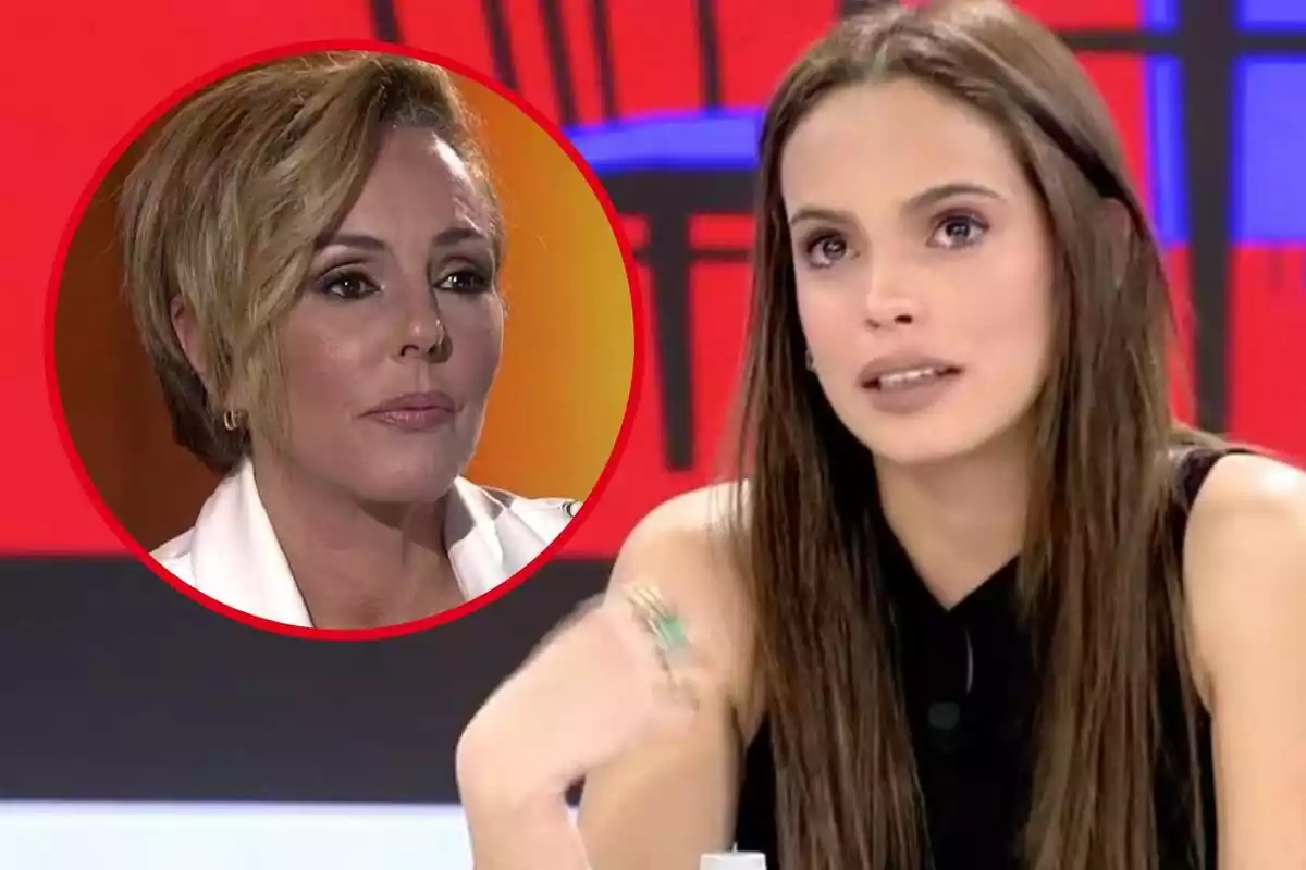 Montaje de Rocío Carrasco son el rostro serio a la izquierda y con Gloria Camila en un programa de Telecinco