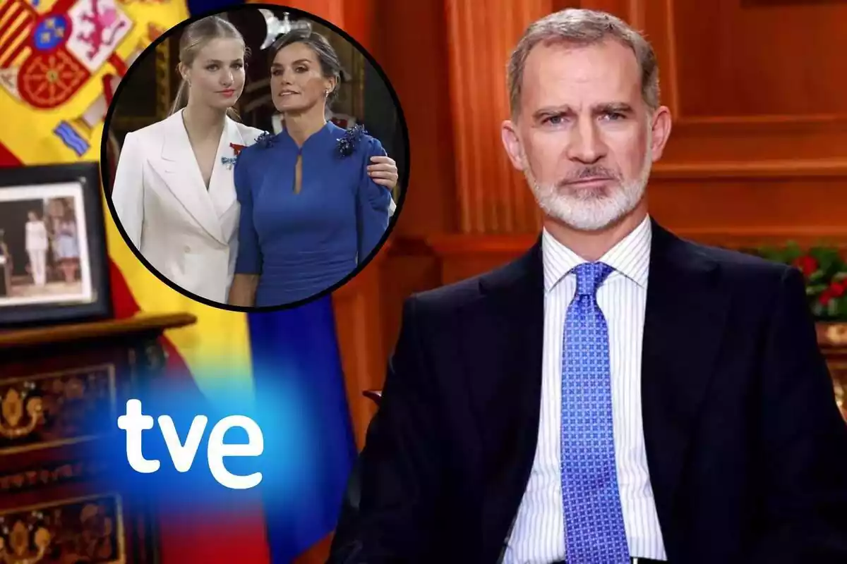 Montaje de imágenes con el rey Felipe durante el discurso de Navidad junto a Letizia y Leonor