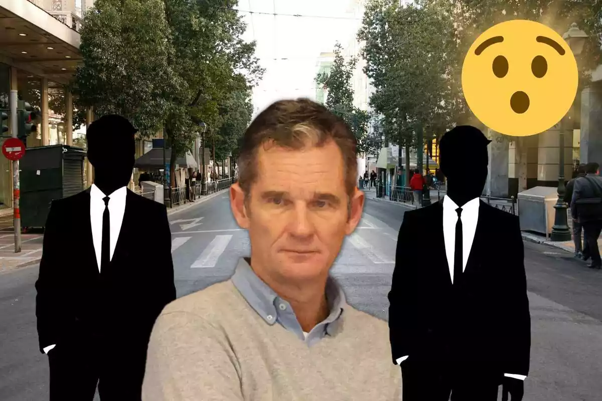 Montaje de Iñaki Urdangarin en la calle con dos siluetas de dos hombres vestidos en traje y una cara sorprendida