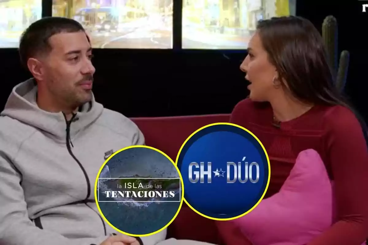 Montaje de Inés Hernand y su pareja en el pódcast 'Prohibido Solteros' con los logos de 'La isla de las tentaciones' y 'GH DÚO'