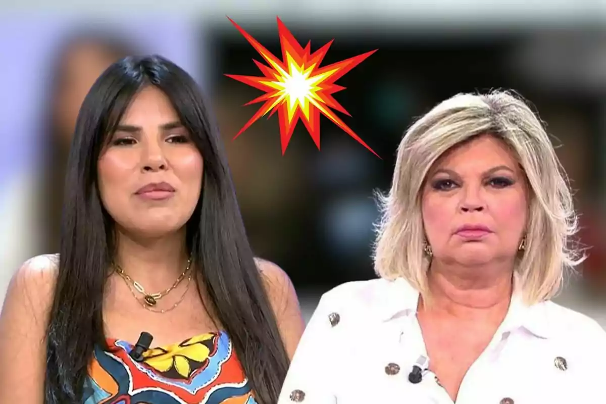 Dos mujeres con expresiones serias en un programa de televisión, con un gráfico de explosión entre ellas.
