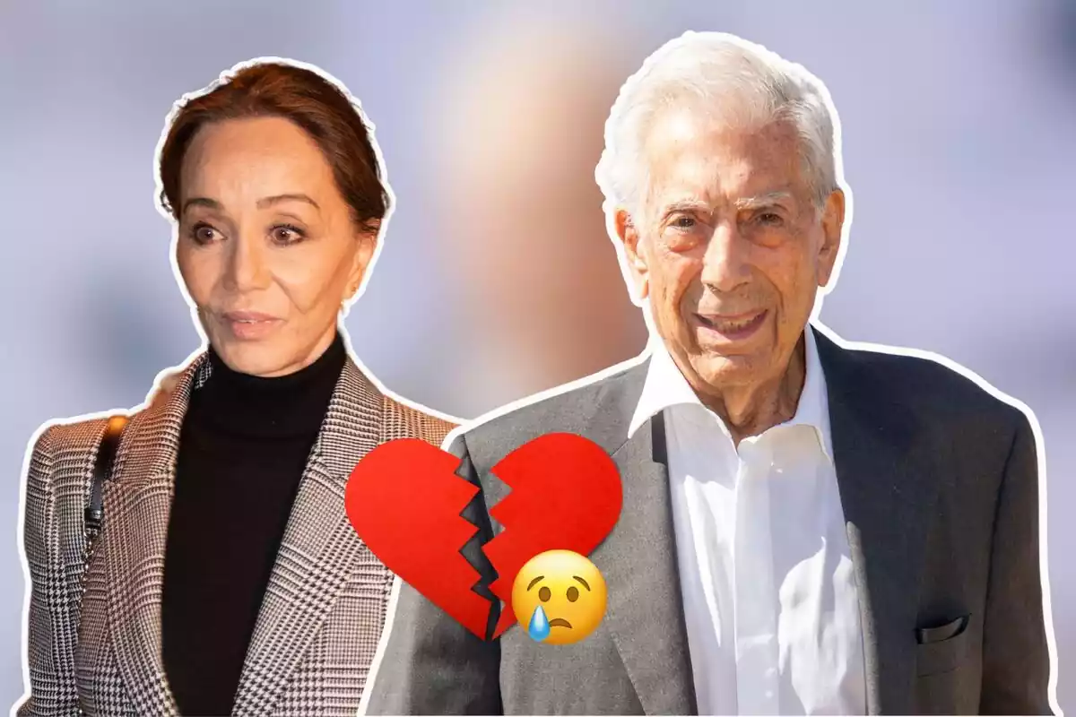 Montaje de Isabel Preysler y Mario Vargas Llosa, ambos vestidos formal en tonos oscuros. Ella mirando hacia la izquierda y él a la cámara con emoji de corazón roto y otro llorando