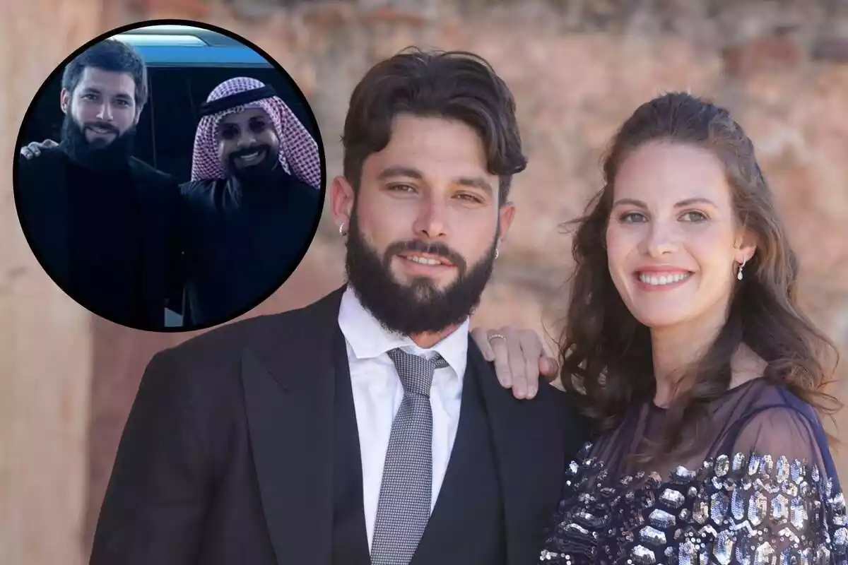 Montaje de Jessica Bueno y Jota Peleteiro posando sonrientes cuando eran pareja junto a la reciente imagen del futbolista con su amigo Faisal Buresli