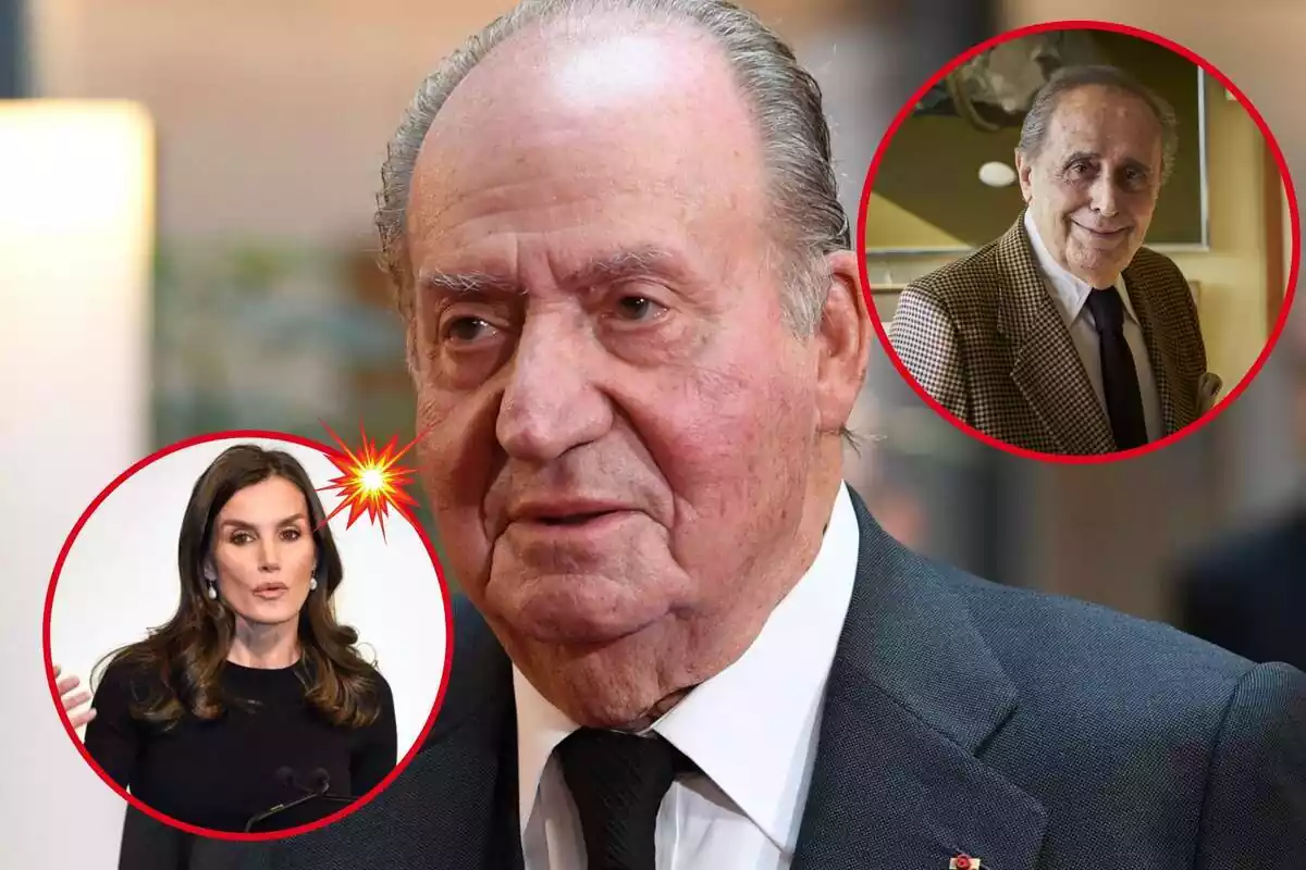 Montaje de Juan Carlos I sonriendo con Letizia mientras da un discurso y Jaime Peñafiel posando