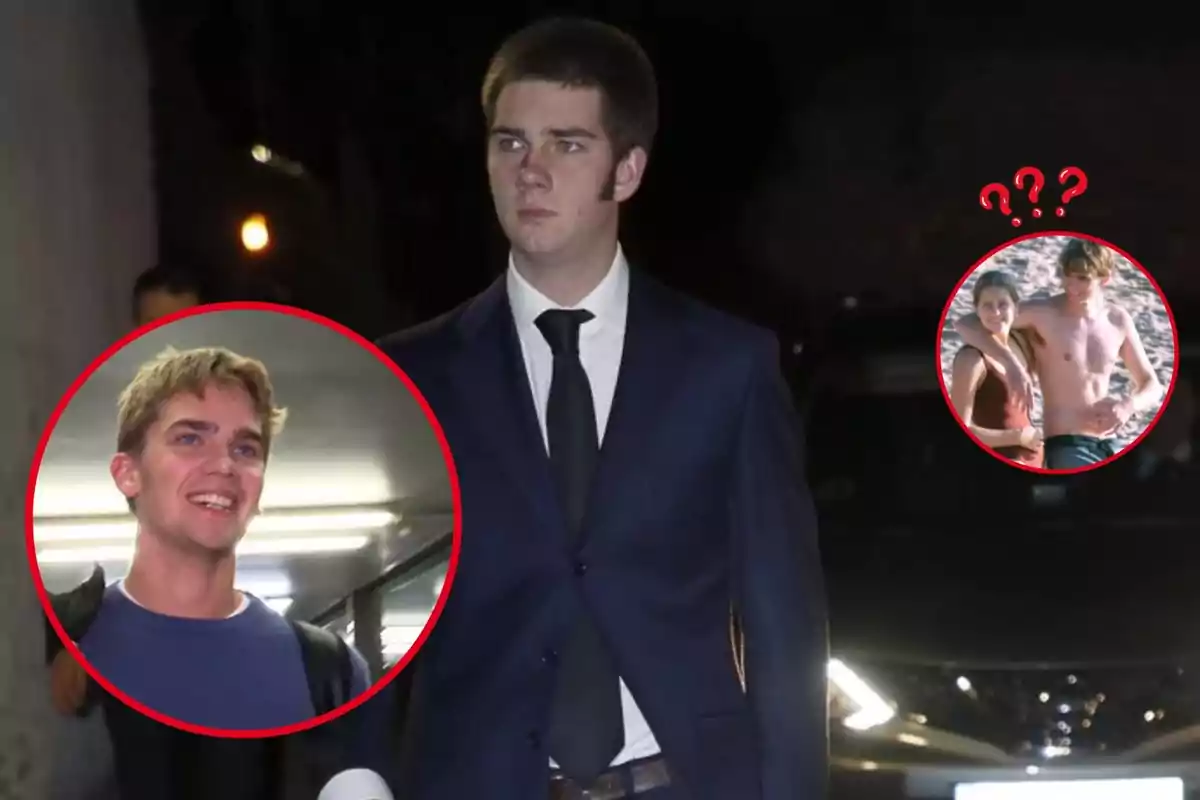 Un hombre joven con traje oscuro y corbata negra camina por la noche, con dos imágenes circulares superpuestas: una de un joven rubio sonriendo y otra de una pareja en la playa con signos de interrogación.