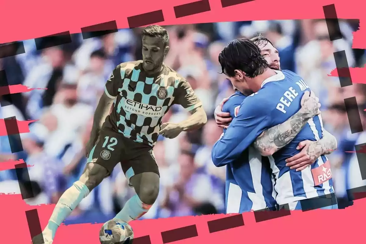 Futbolista con uniforme a cuadros en acción y dos jugadores de azul abrazándose en el fondo con un diseño gráfico rosa y negro
