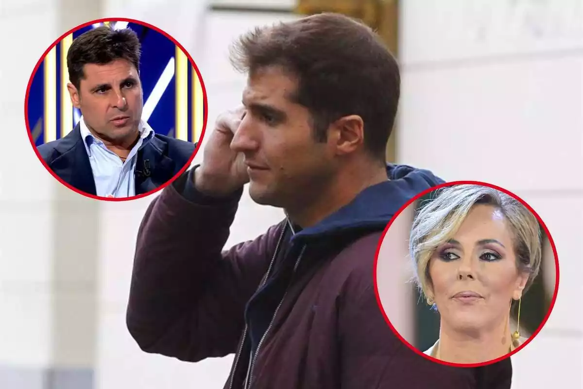 Montaje de Fran Rivera enfadado con Julián Contreras hablando por teléfono y Rocío Carrasco con el rostro serio