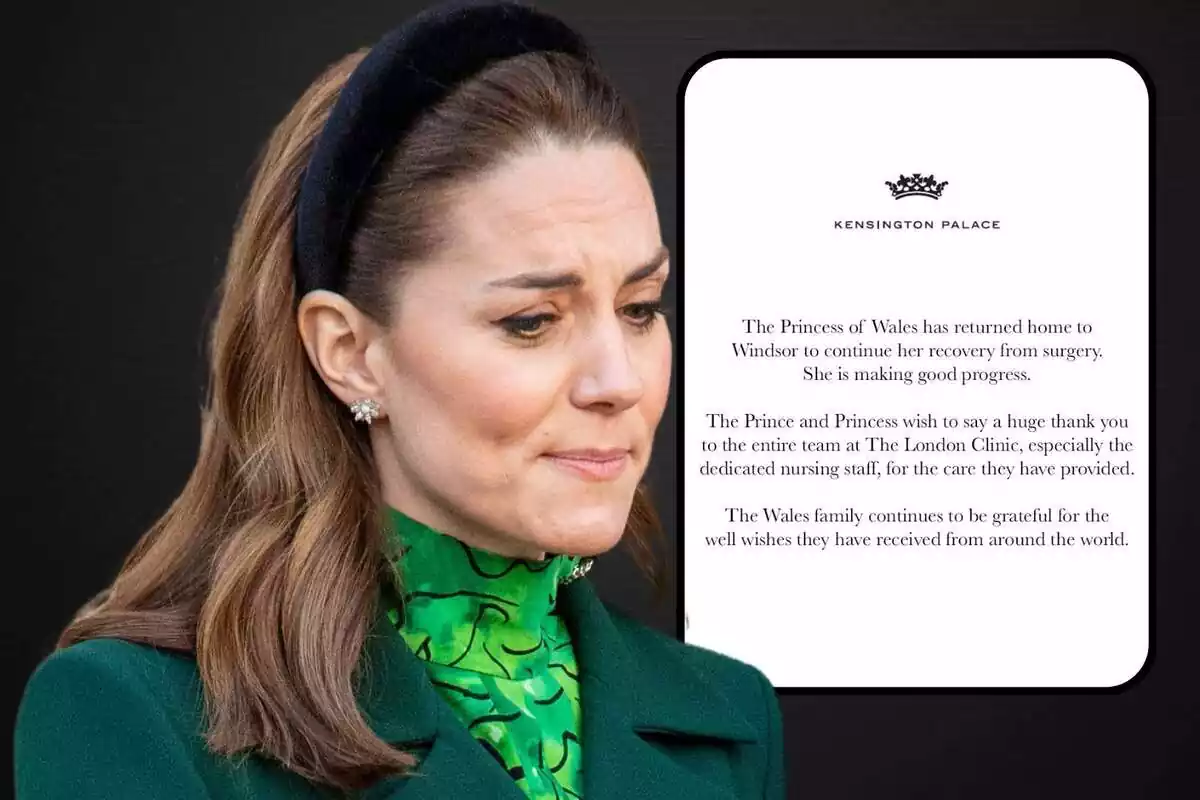 Montaje de Kate Middleton en primer plano junto a un comunicado emitido por la casa real británica