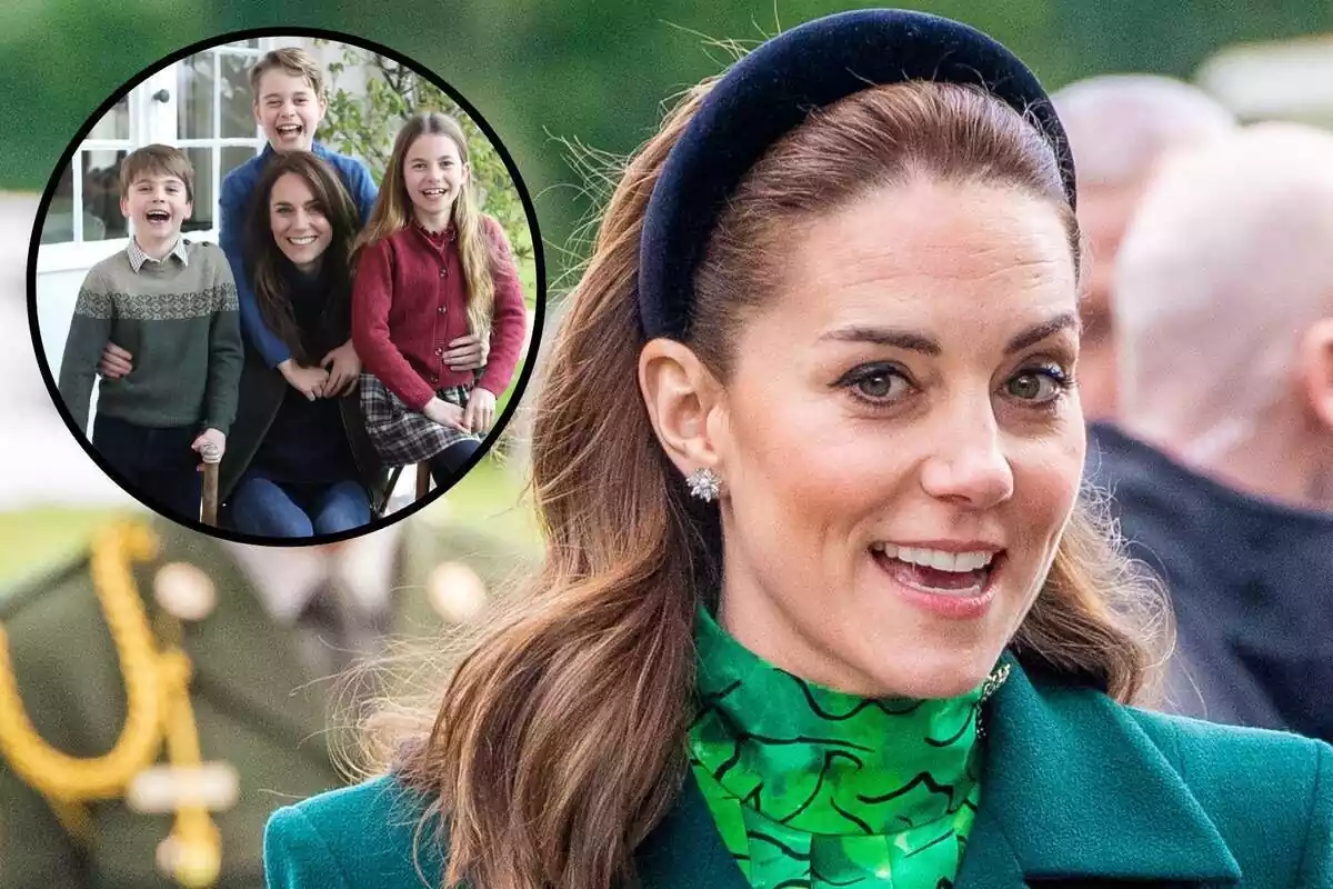Montaje en primer plano de Kate Middleton junto a una imagen con sus hijos
