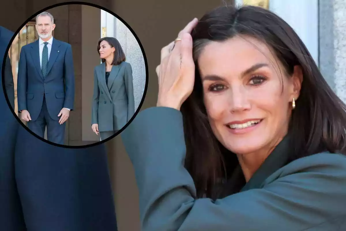 Montaje de la reina Letizia con su nuevo look y una imagen suya junto a Felipe VI