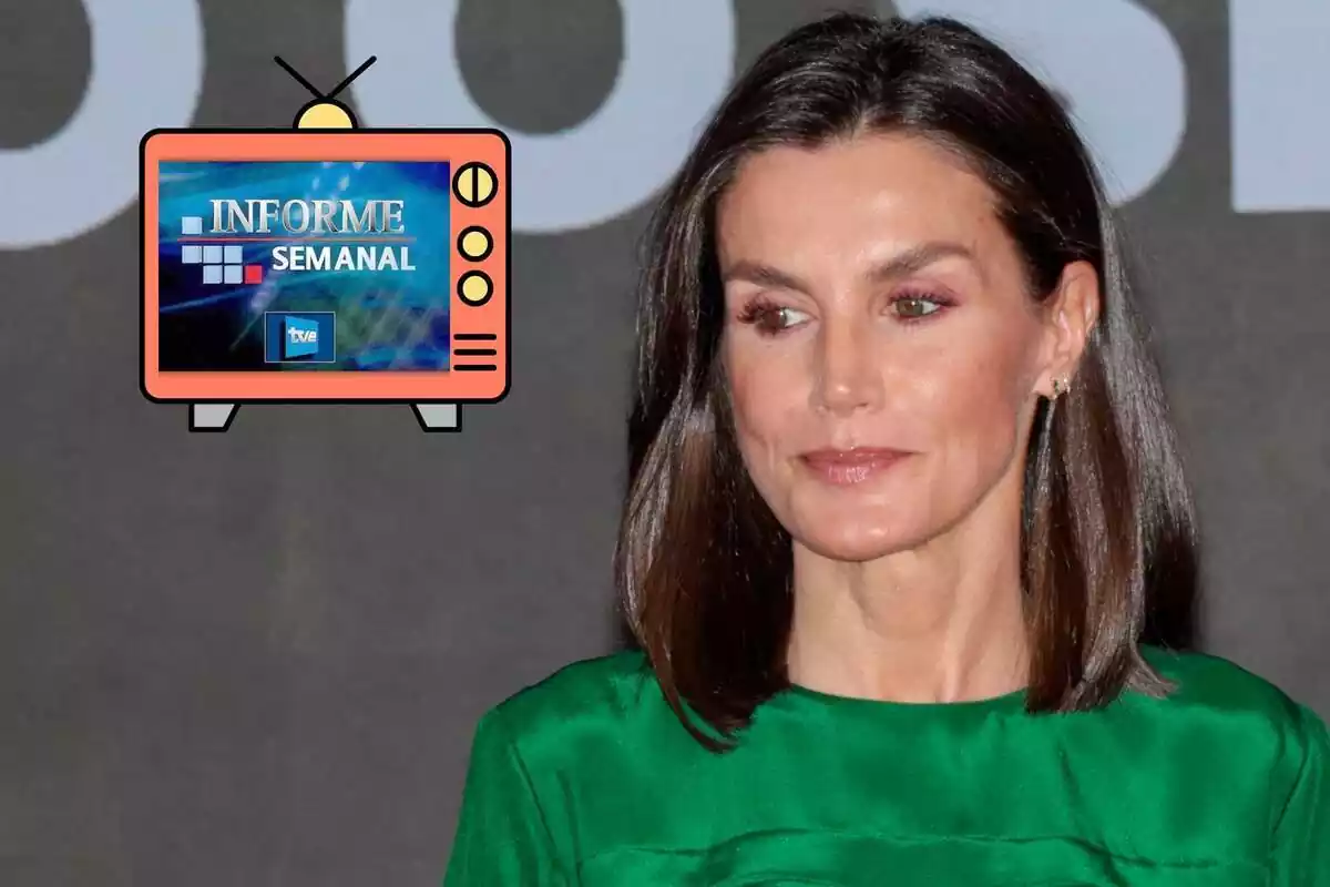 Montaje de la reina Letizia junto a una televisión con la imagen de 'Informe Semanal'