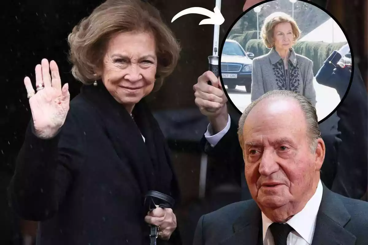Montaje de la reina Sofía sonriente con el rey Juan Carlos y una imagen suya seria