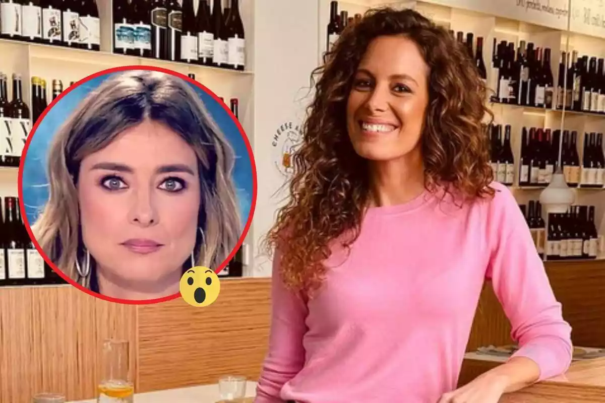 Montaje de Laura Madrueño con Sandra Barneda en una foto redonda y con el rostro serio