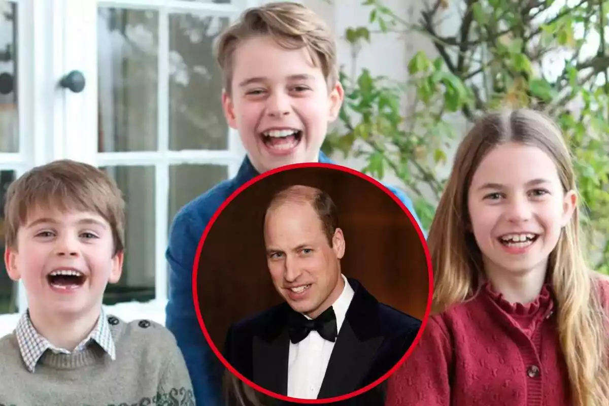 Montaje de los hijos de Kate Middleton con una foto redonda del príncipe Guillermo en el centro