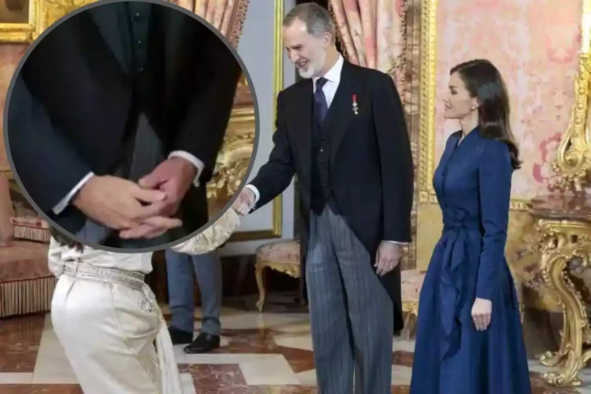 Montaje de los reyes Felipe y Letizia junto a una captura de su mano amoratada