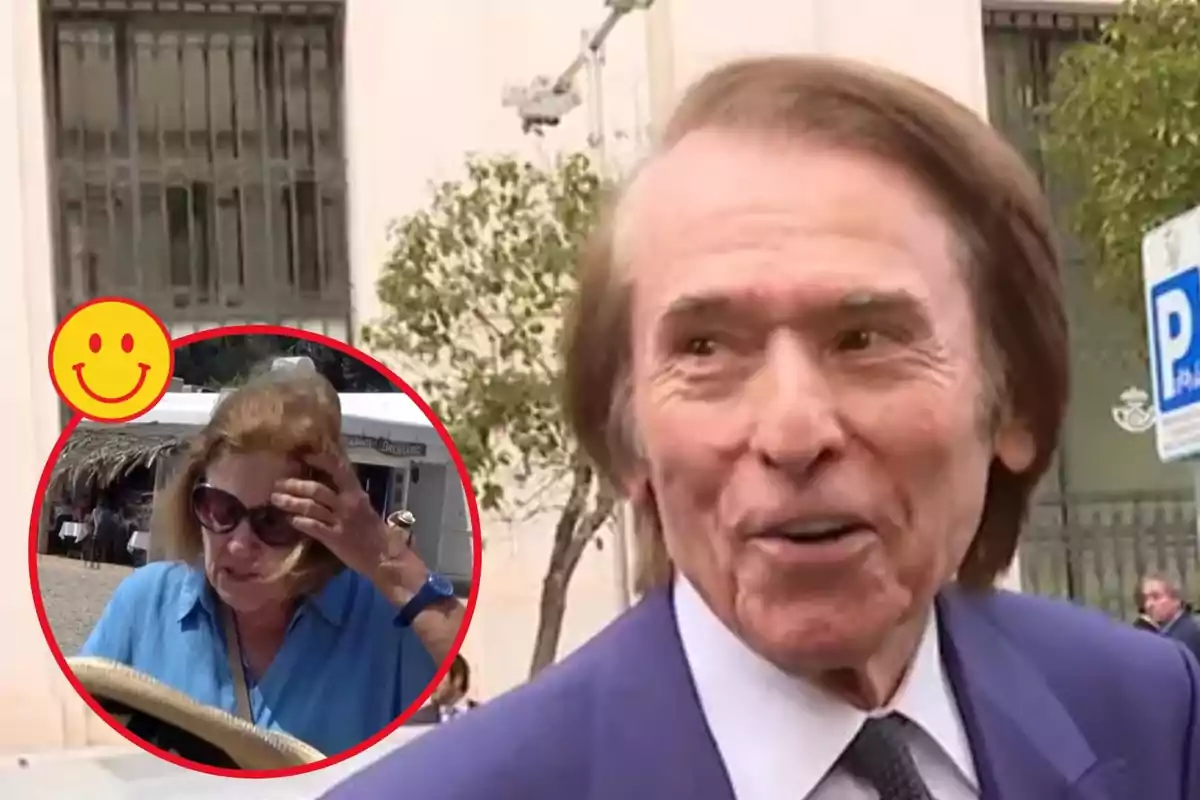 Un hombre sonriente con traje azul y corbata aparece en primer plano mientras una mujer con gafas de sol y camisa azul está en un círculo rojo con un emoji sonriente en la esquina superior izquierda.