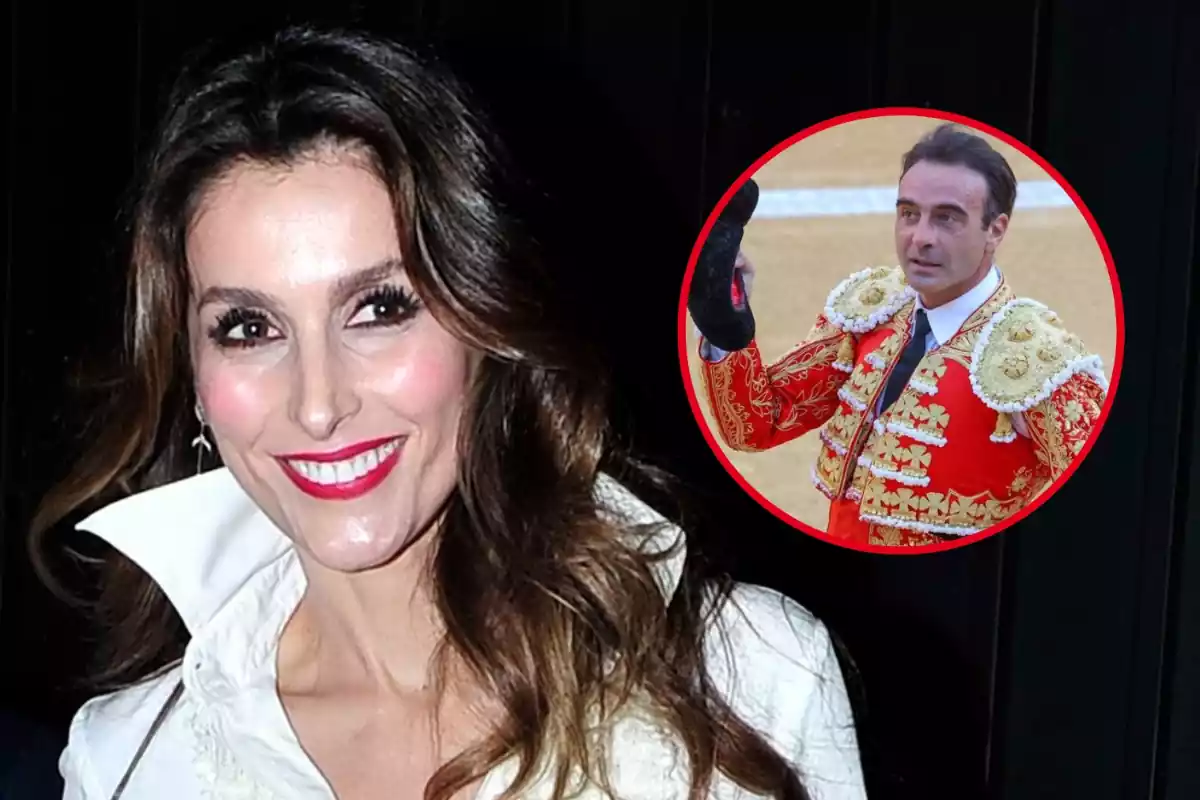 Montaje de Paloma Cuevas sonriendo son una foto de Enrique Ponce toreando