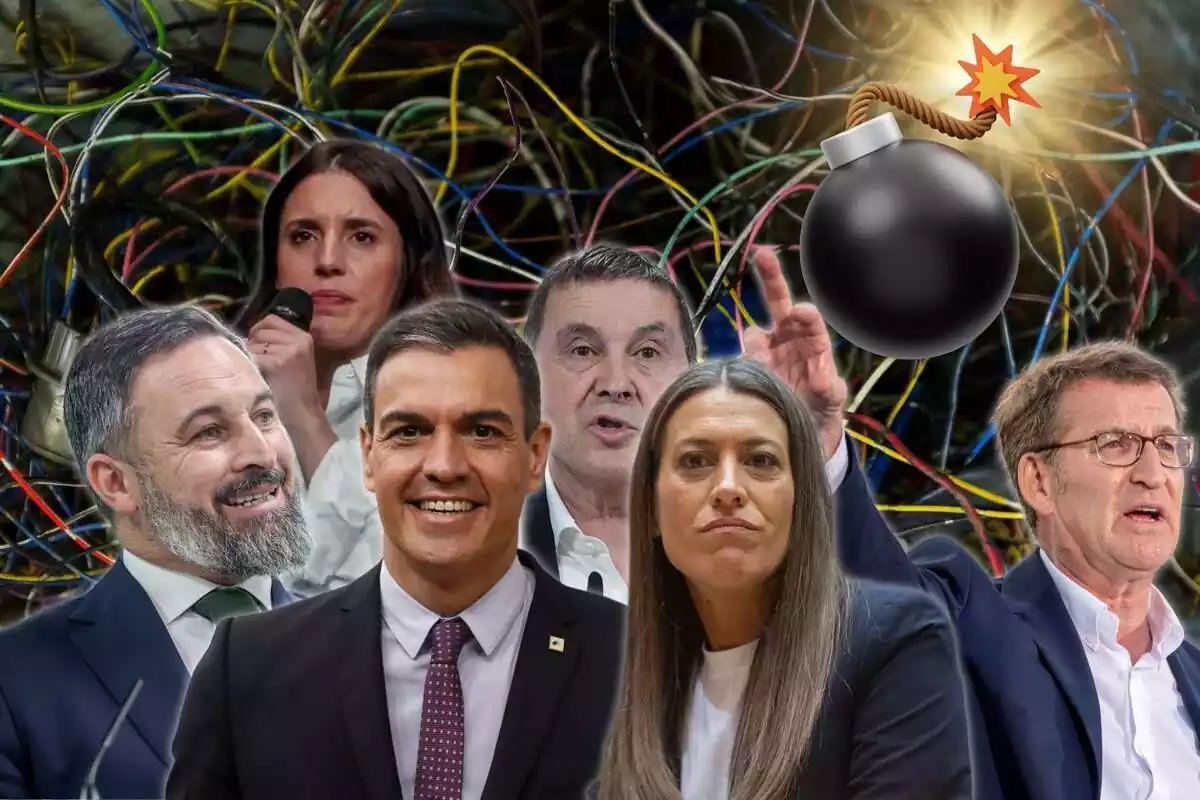 Montaje de políticos españoles junto a una bomba a punto de estallar con cables de fondo