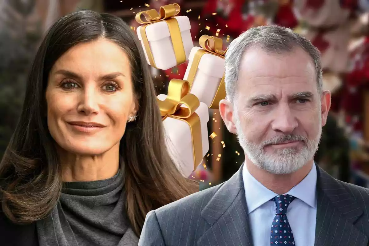 Montaje de primer plano de la reina Letizia junto al rey Felipe y unos regalos