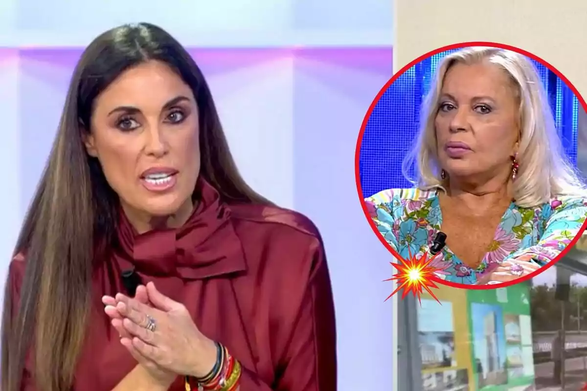 Mujer hablando en un programa de televisión con un recuadro que muestra a otra mujer en la esquina superior derecha.