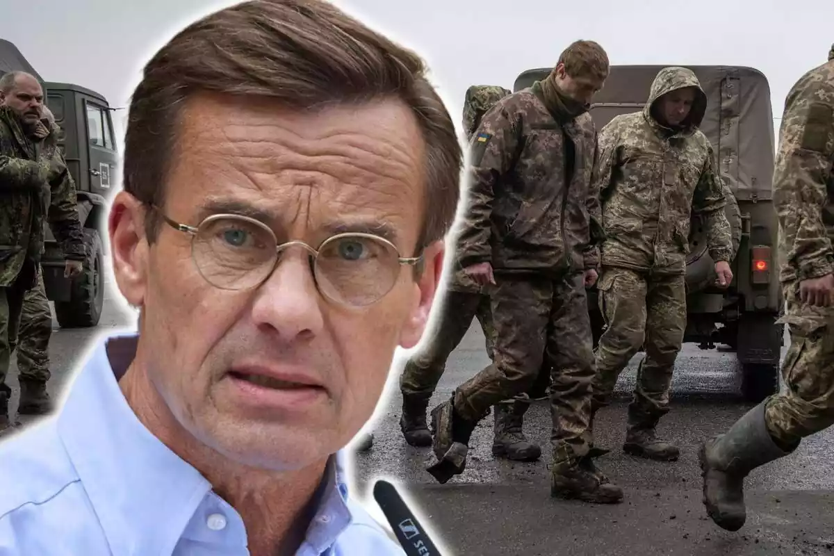 Montaje de fotos de Ulf Kristersson, con rostro serio, y el ejército ruso de fondo