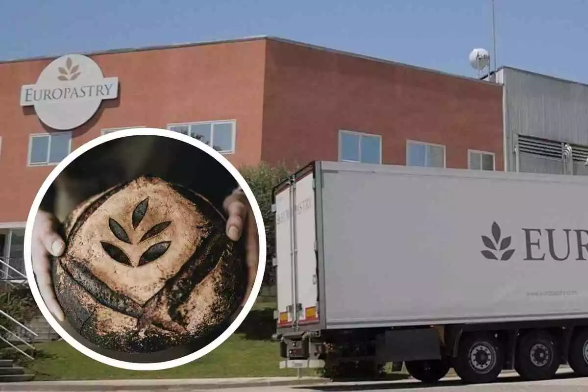 montaje de un camión de europastry junto a edificio y una imagen de un pan