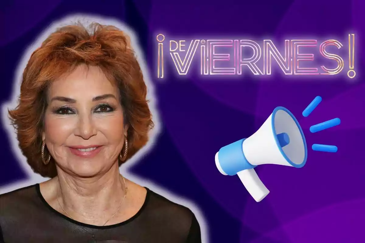 Ana Rosa Quintana sonriente con cabello castaño claro aparece junto a un megáfono y un texto que dice "¡De viernes!" sobre un fondo morado.