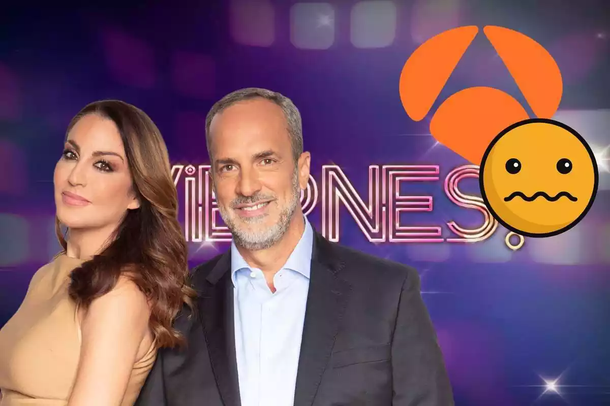 Montaje de la portada de '¡De Viernes!', Bea Archidona dando la espalda a Santi Acosta sonriendo, el logo de Antena 3 y un emoji temblando