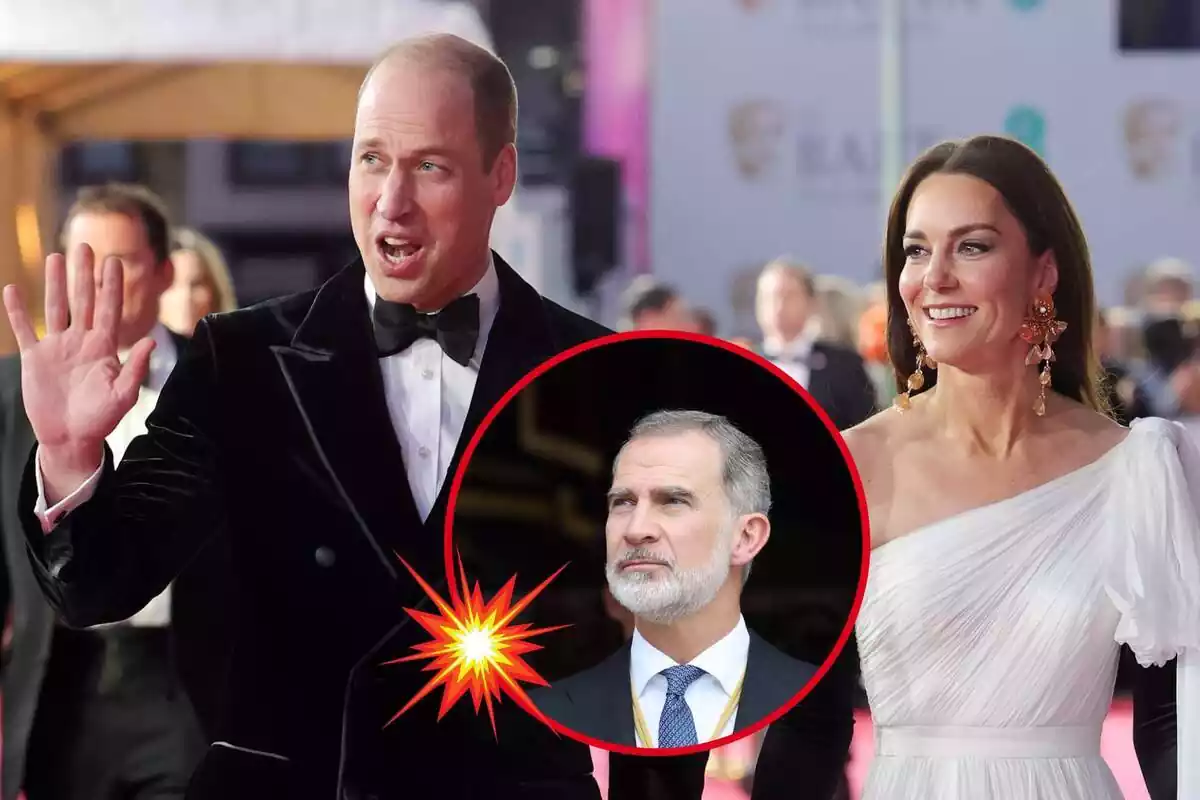 Montaje del príncipe Guillermo con Kate Middleton y una foto redonda de Felipe mirando al cielo