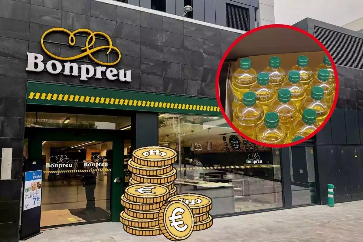 Montaje del supermercado Bonpreu con una imagen del aceite de oliva y monedas de euro