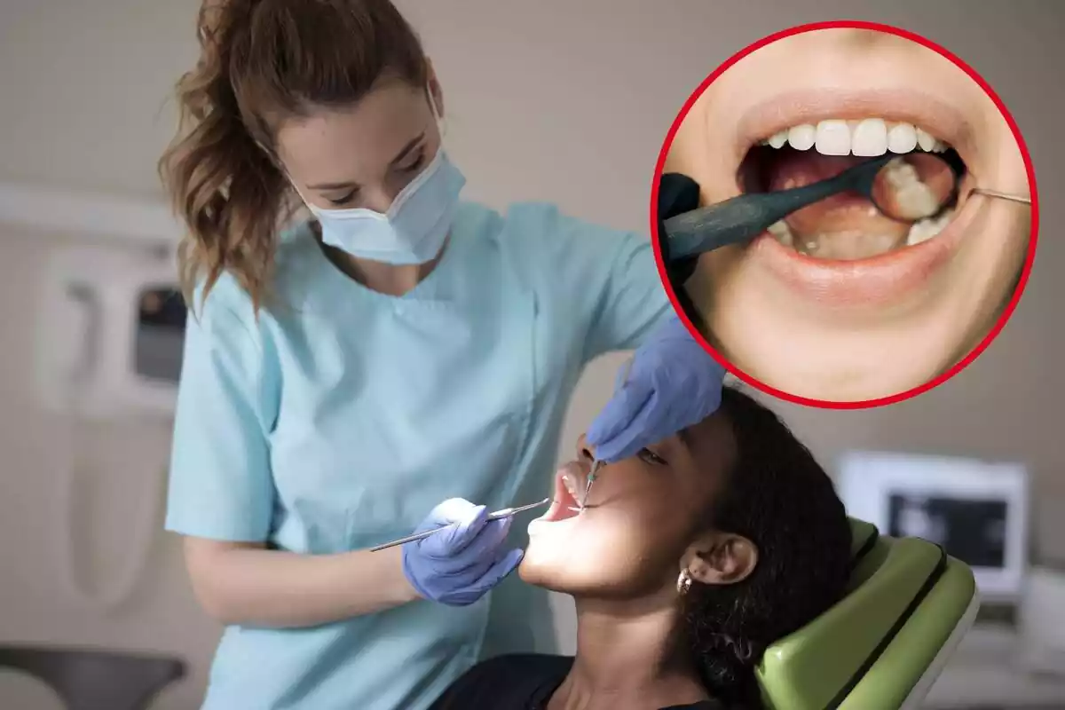 Una dentista atiende a una paciente, y en el círculo, el interior de una boca
