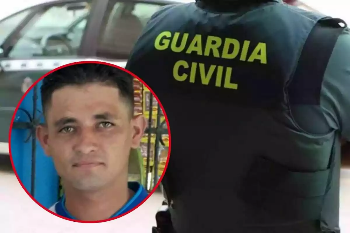 Un hombre con chaleco de la Guardia Civil y un retrato de otra persona en un círculo rojo.