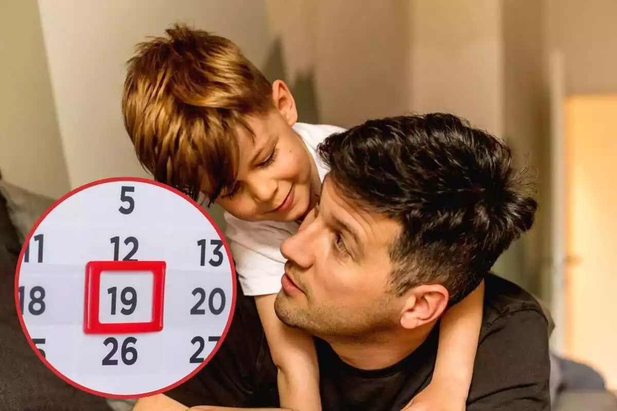 Un padre recibe el abrazo de su hijo, y en el círculo, un calendario con el 19 en rojo