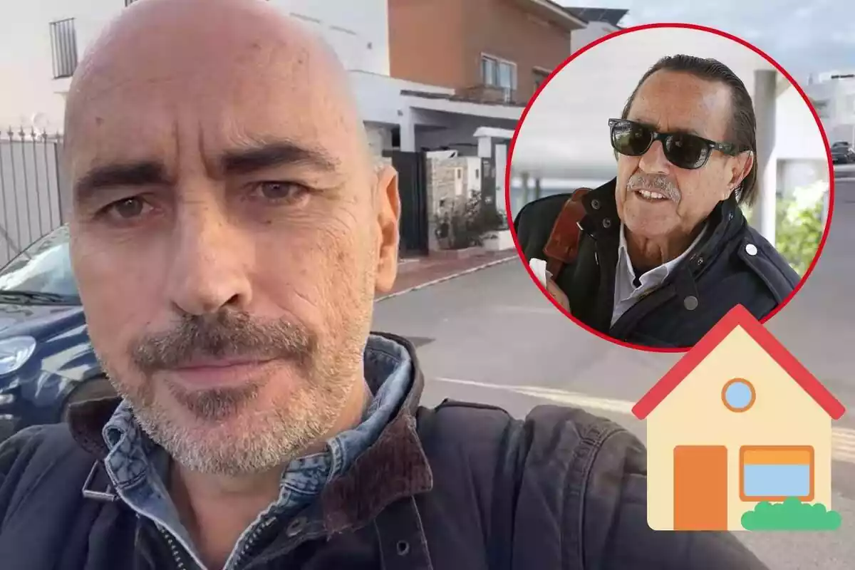 Montaje de un primer plano de Diego Arrabal serio, Julián Muñoz serio con gafas de sol y una casa